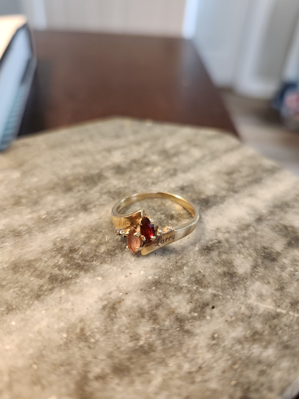 Gold-Tone Personalized Ring with Red and Peach Stones